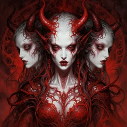 symmetry portrait of grotesque devil woman, cosmic horror, lovecraftian horror, intricate, horror, highly detailed, digital painting, artstation, giger concept art, smooth, sharp focus, illustration, art by tomasz alen, alen kopera, julie bell, alphonse mucha and junji ito, monohcrome red, white, black
