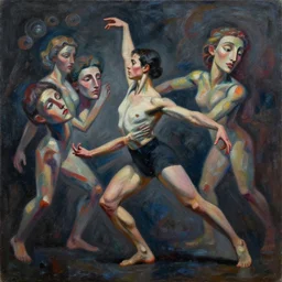 a strange dancer attempts to recreate the birth of the universe through pure movement, expressionistic masterpiece painting, beautiful brush strokes, advanced lighting technology, realistic faces and anatomy yet stylized