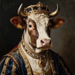 a renaissance painting of a cow wearing royal clothes, high quality, high detail