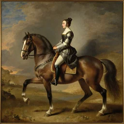 a 1 8 th painting of a giovanna d'arco while is riding a horse, wide shot,