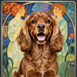 portrait of happy laughing brown cockerspaniel with a background in the style of mucha. 4 k. detailed. colorful