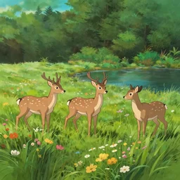 flowery meadow with three deers and a pond and background forest, evening, highly detailed, low angle view, studio ghibli, artstation