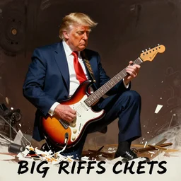 President Trump Shredding an electric guitar in the style of Frank Frazetta. Subtitle Big riffs