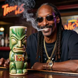 a closeup photorealistic photograph of happy blunt smoking snoop dogg at trader vic's bar sitting next to a trader vic's style tiki mug with snoop dogg's face. tiki culture. bright scene. 4 k hd image that's trending on artstation, featured on behance, well rendered, extra crisp, features epic composition and the style of unreal engine.
