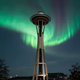 gigantic bold virgin mary face silhouetted straightly into intense vivid aurora above space needle centered big sky film long exposure fuji wide angle national geographic