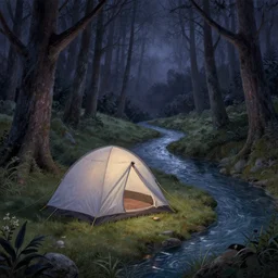 a tent by the river in the deep, remote woods by tim doyle, from nightmare before christmas | detailed | elegant | trending on artstation