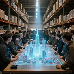 large group people in a huge warehouse, gathered around a hologram of futuristic city on a table | cinematic concept art | godrays | 4 k | clear details | tabletop | tabletop | hologram foreground