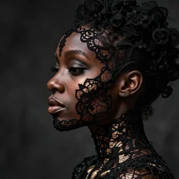 a black woman's face in profile, made of intricate black lace skeleton, in the style of the dutch masters and gregory crewdson, dark and moody
