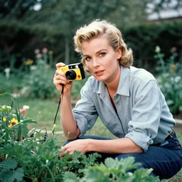 a grainy film photo of Grace Kelly gardening, take with a Kodak Brownie Camera
