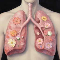 a pair of lungs being vacuumed of its toxins, leaving behind flowers and love, in focus, art style of harumi hironaka,