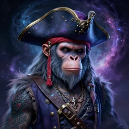 a wlop 3 d render of extremely highly detailed beautiful mystic portrait of a young ghost ape pirate in a hat with whirling galaxy around, tattoos by anton pieck, intricate, extremely detailed, digital painting, artstation, concept art, smooth, sharp focus, illustration, intimidating lighting, incredible art,