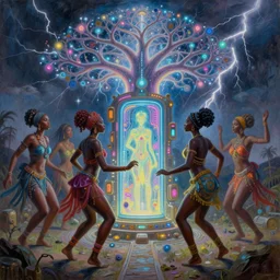 african women dancing around a glowing, energized, steampunk neon portal near the electric tree of life in a lightning storm, by greg rutkowski, loish, rhads, and artgerm. oil on canvas, detailed and intricate environment, radiant lighting. highly detailed. masterpiece