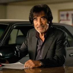 a film still of Bob Ross as used car salesman, dramatic lighting