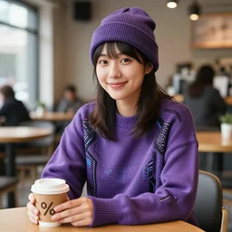 young adult asian woman in a coffee shop wearing a beanie and a purple cyberpunk sweater smiling, natural light, magazine photo, 5 0 mm