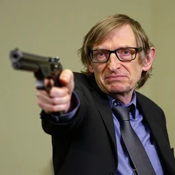 stephen hawking pointing pistol at camera