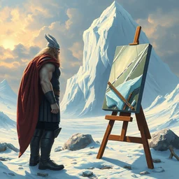 thor stands at his easel, painting an ice giant