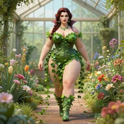a stunning 3 d render of a thicc and voluptuous vampire dressed as a beautiful poison ivy with hair tied in a braid walking through a flowering garden, greenhouse in the background, intricate, elegant, highly detailed, digital painting, artstation, concept art, sharp focus, illustration, art by artgem and jugendstil and greg rutkowski and alphonse mucha, pixv