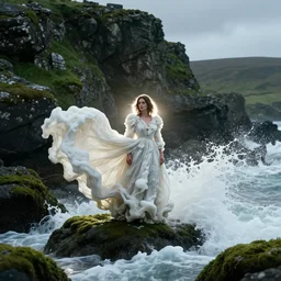 1 9 7 0's artistic italian western film in color, a woman in a giant billowy wide flowing waving dress made out of sea foam, standing inside a green mossy irish rocky scenic landscape, crashing waves and sea foam, volumetric lighting, backlit, moody, atmospheric