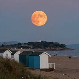 there was a lovely orange super moon over the beach huts and the isle of wight, photo taken by an terrible photographer