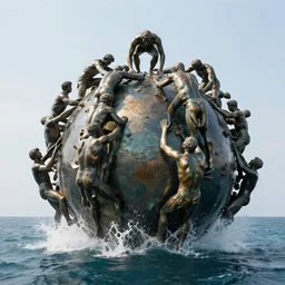 a massive sculpture of desperate bronze people climbing a perfect sphere on the ocean water, in the style of jeff koons and michelangelo, inspired by the greatest sculptors, cinematic, hyper - realistic, very detailed, realistic water splashes, ray tracing, 8 k resolution, long - shot, sharp focus, low angle, 8 5 mm photograph, wide lens