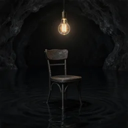 beautiful matte painting, chair under an edison bulb in empty black space, infinite black cave lake, artgerm, steampunk, extreme contrast, sunken in black water, void