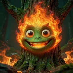 detailed fire and rock scene, a close up of a funny tree monster fire spirit with detailed smiling face, large eyes and flame hair by maurice sendak, shaun tan made in hyperrealistic 3 d, octane render, dark green colours, sharp focus, 8 k, nighttime, concept art, artstation