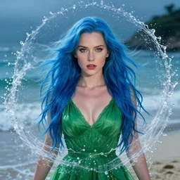 yoji shinkawa beautiful kristen bell with green dress, very long blue hair, water powers water swirling, symmetrical face, symmetrical eyes, detailed, beach setting, cinematic lighting
