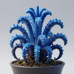 a photograph of a blue fantasy sci fi hybrid mutant weird exotic poisonous flora plant in a pot, hyper realism, octane render, 8 k, hyper detailed, vivid, ultra detailed, highly detailed