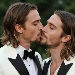 close up wedding photo of jared leto dressed in a white tuxedo kissing himself dressed in a wedding gown with an older jared leto dressed as a preacher standing in the background