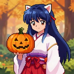 pixel art of hakurei reimu holding a pumpkin