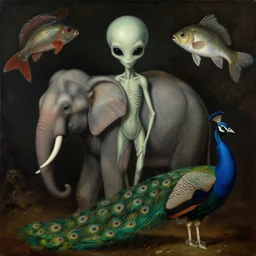 alien elephant, peacock, and fish. feathers. strange anatomy. pulp sci - fi art. baroque period, oil on canvas