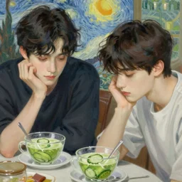 painting of young cute handsome beautiful dark medium wavy hair man in his 2 0 s named shadow taehyung and cute handsome beautiful min - jun together at the cucumber matcha soup party, somber, depressed, melancholy, sad, elegant, clear, painting, stylized, delicate, soft facial features, delicate facial features, soft art, art by alphonse mucha, vincent van gogh, egon schiele