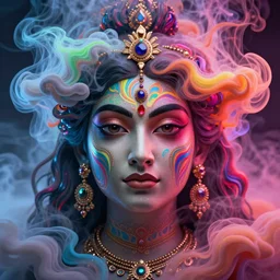 a beautiful indian goddess engulfed in colorful liquid smoke and neon clouds, a colorful psychedelic experience, dmt, lsd, face, highly detailed, artstation, concept art, matte, sharp focus, illustration, digital art by hana yata, and artem demura and beeple, octane render, unreal engine, 8 k