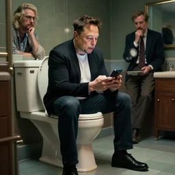 hyperrealism aesthetic ridley scott and denis villeneuve and gaspar noe style photography of a detailed hyperrealism elon musk, siting on the detailed hyperrealism toilet bowl and scrolling his detailed smartphone in hyperrealism scene from detailed art house movie in style of alejandro jodorowsky and wes anderson hyperrealism volumetric ambient light