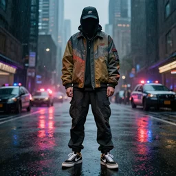 A man wearing Merrell x Ant 1 of 1 rare archival garment-dyed jacket and Acronym P38-E pants and Nike x Acronym Blazer Low sneakers, Police sirens shining in far background, high quality, digital art, dirty cyberpunk city, rain, greg rutkowski
