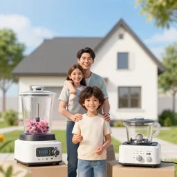 happy family near new house, real estate, blender, render, perfect faces, digital art