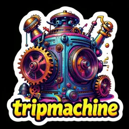sticker of a rock band, name is text tripmachine, on the sticker is a 3 d render of a huge futuristic steampunk generator with gears and music instruments, 8 k, fluorescent colors, halluzinogenic, multicolored, exaggerated detailed, silk screen art