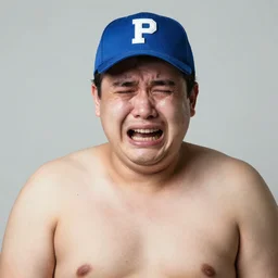 crying hard obese man wearing a blue cap with a P on it