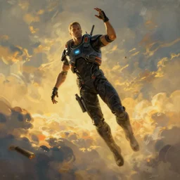 cyberpunk man levitating at zero gravity, epic pose, atmospheric lighting, painted, intricate, golden hour, ultra detailed by peter gric, giger, enki bilal