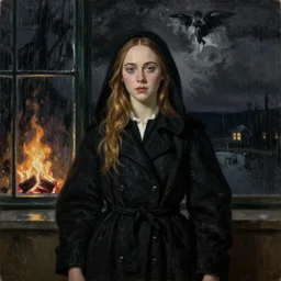 Elle Fanning in a black coat, religious masterpiece portrait, oil on canvas, dark stormy night, fire lighting, rainy window, in the world of Andrew Wyeth and Bloodborne, artstation, by J. C. Leyendecker and Peter Paul Rubens,