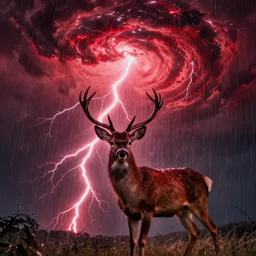 red lightning storm portrait of a doe deer, vortex of rain and light, in the style of WLOP and tony sart