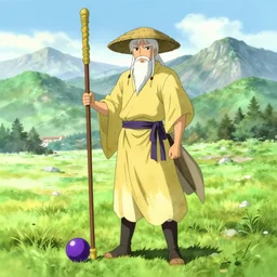a chinese battle monk, wearing a faded yellow toga, a straw hat, holding a wooden long staff with a purple orb at the end that is perpendicular to the floor, long white beard, beautiful valley with a meadow and dozens of mountains, lots of shading, full body shot, drawn in the style of makoto shinkai