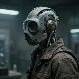 a small half - masked rugged laboratory engineer man with cybernetic enhancements as seen from a distance, scifi character portrait by greg rutkowski, esuthio, craig mullins, 1 / 4 headshot, cinematic lighting, dystopian scifi gear, gloomy, profile picture, mechanical, cyborg, half robot, implants, dieselpunk