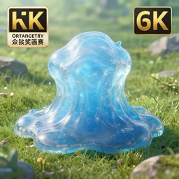 render of one huge fantasy transparent translucent bluish slime in the meadow. fantasy, high details, masterpiece, cgsociety, octane render, 8 k, volumetric lighting, photorealism, translucent raytracing, artstation contest winner