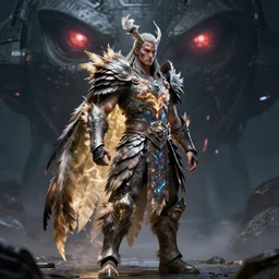 a full body realistic photo of a warrior wearing an armor made of feathers, strange energy emitting through body, scars on face, volumetric lighting, big spaceship in background, scary eyes, digital art,