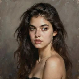 alla prima portrait oil painting of young woman with lush dark hair and no makeup, dark beige grey background, lights and shadows, sensual, beautiful composition, hyperrealistic