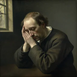 A very sad man, in a forest, balding hair painting by Johannes Vermeer