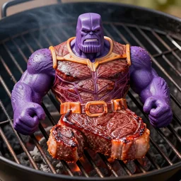 dslr photo portrait still of steak, in the shape of thanos, on a bbq pit, steak is in the shape of thanos, thanos visible on steak 8 5 mm f 1. 8