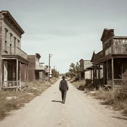 walking in the middle of a narrow road in a depression era crammed mid - west town that was abandoned, 1 9 2 0 s w 6 4 0