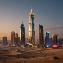 cyberpunk city in the desert glowing in the evening, a tall building in the middle of the city